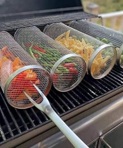 Stainless Steel Barbecue Cooking Grill Grate, Rolling Grill Basket BBQ Accessories,Grill Baskets for Outdoor Grill,Barbecue Stainless Steel Wire Mesh Cylinder,Portable Outdoor Camping BBQ Ra 2