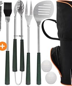 POLIGO Safe Wire Grill Brush and Scraper Bundle with 7PCS Golf-Club Style Grill Tools Kit with Rubber Handle - Premium Grill Accessories for Outdoor Grill Ideal Christmas Birthday Gifts for Men Dad