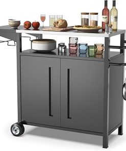 Rengue Outdoor Grill Cart with Storage, Rolling BBQ Prep Station on Wheels, 44" High Bar Cart with Stainless Steel Top for Patio Kitchen Island