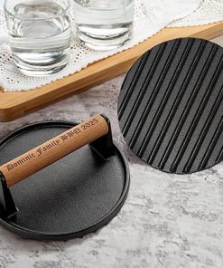Personalized Burger Press, Round Burger Smasher with Wooden Handle, Grill Press Meat Smasher Tool for Griddle Sandwich Nonstick Pan Griddle Grill Cooking (Iron 7”) 2