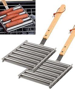 Stainless Steel Hot Dog Roller for Grill, Stainless Steel BBQ Hot Dog Griller with Extra Long Wood Handle, Thorough Evenly Cooked, Hot Dog Griller Accessories for Camping (2 PCS)