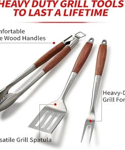 Heavy-Duty Rose Wooden BBQ Grilling Tools Set. Extra Thick Stainless Steel Multi-Function Spatula, Fork & Tongs | Essential Accessories for Barbecue & Grill. Ideal Gift for Father… 2