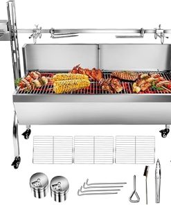 Stainless Steel Rotisserie Grill Roaster Small Pig Lamb with Back Cover Guard 25W Motor for Camping Outdoor BBQ Silver
