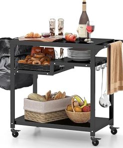 HAPPYGRILL Outdoor Grill Dining Cart, Movable BBQ Trolley Pizza Oven Stand w/Shelves, Hooks, Multifunctional Food Prep Worktable w/Lockable Wheels, Side Handle