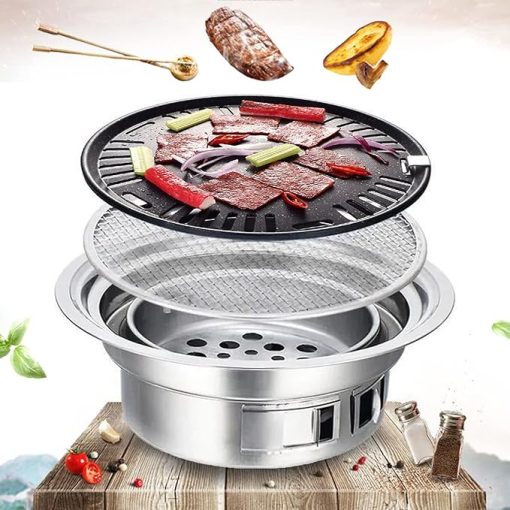 Round BBQ Grill Stove Camping Charcoal Stove Stainless Steel Non-Stick BBQ Barbecue Grill Stove Outdoor Indoor Korean BBQ Cooker for Camping Party Picnic 15.75x9.25x5.31in