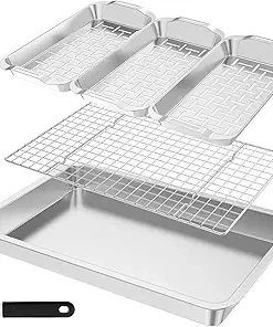 Grill Basket Set, 6Pcs Stainless Steel Large Grill Pans for Outdoor Grill, Grilling Basket w Cooling Rack and BBQ Prep Tray for Veggies, BBQ Grilling Accessories w Universal Handle, Grilling Gifts for Men