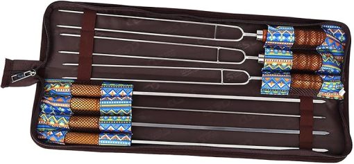 7-in-1 Stainless Steel Camping BBQ Tool Set with Wooden Handles - Forks & Needles for Outdoor Cooking, Hiking, and Barbecue - Image 2