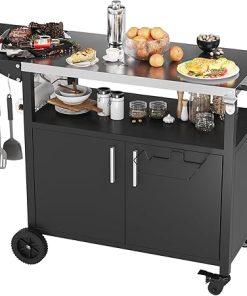 JY QAQA Outdoor Grill Cart with Storage,Patio Kitchen Island Outdoor Grill Table with Wheels,BBQ Cart Movable Pizza Oven Table Stand, Storage Cabinet, Foldable Tabletop, (Black)