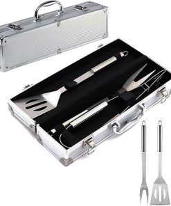 Barbecue Tools Set, 3 Pcs Stainless Steel Grill Utensils Set BBQ Accessories Kit Include Tong, Spatula, Fork with Portable Aluminium Storage Case for Picnics, Camping and