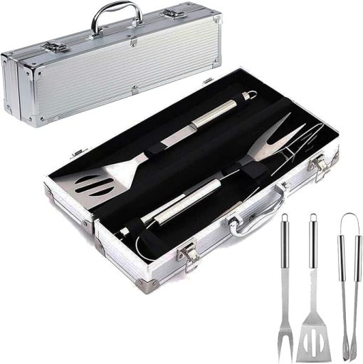 Barbecue Tools Set, 3 Pcs Stainless Steel Grill Utensils Set BBQ Accessories Kit Include Tong, Spatula, Fork with Portable Aluminium Storage Case for Picnics, Camping and