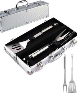 MaGiLL Barbecue Tools Set, 3 Pcs Stainless Steel Grill Utensils Set BBQ Accessories Kit Include Tong, Spatula, Fork with Portable Aluminium Storage Case for Picnics, Camping and