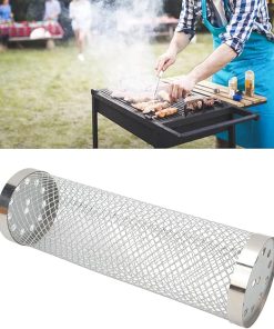 Barbecue Basket Cylinder Grill Basket Rolling Grilling Basket Portable Camping Barbecue BBQ Tools BBQ Grill Accessories with Hook Fork for Vegetables Fish (Stainless steel) 2