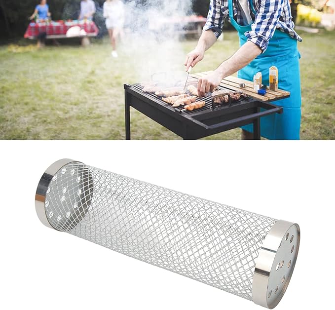 Barbecue Basket Cylinder Grill Basket Rolling Grilling Basket Portable Camping Barbecue BBQ Tools BBQ Grill Accessories with Hook Fork for Vegetables Fish (Stainless steel) 2 Barbecue Basket Cylinder Grill Basket Rolling Grilling Basket Portable Camping Barbecue BBQ Tools BBQ Grill Accessories with Hook Fork for Vegetables Fish (Stainless steel) - Image 2