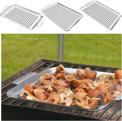 Efficient Stainless Steel Grills Pans For Outdoor BBQ With Perforated Design And Handle Ideal For Vegetables Fish Meat - Image 2