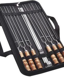 10-piece BBQ Tool Set, Meat Fork with Wooden Handle, Stainless Steel Carving Fork, BBQ Kit Accessories, Suitable for Open Fire Pit