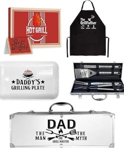Dad Gifts, Fathers Day Dad BBQ Gifts, Grilling Gift for Daddy Heavy Duty Grilling Accessories Kit, Barbecue Serving Tray Platter with Apron, Gifts for Dad from Daughter Son