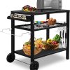 Outdoor Grill Cart Three-Shelf Grill Table, Movable BBQ Trolley Food Prep Cart with Two Wheels & Hooks, Black