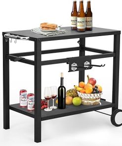 Commercial Grill Cart, Removable Steel Top, Outdoor BBQ Table, Locking Rollers, Double Shelf & Tool Hooks, Multi-Functional Workstation