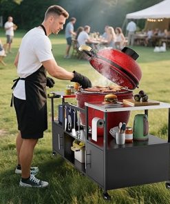 67″ Outdoor Grill Table for Big Green Egg Style BBQ, Metal Grill Cart with 2 Folding Panels, Outdoor Grill Station Prep Table, Grill Nest Compatible with Big Green Egg and Other 20/21/22 inch Models 2