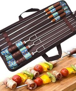 Camping Accessory Outdoor Picnic Stainless Steel BBQ Bake Needle Barbecue Fork U-Shaped Environmental Wooden Handle 7 Piece Set