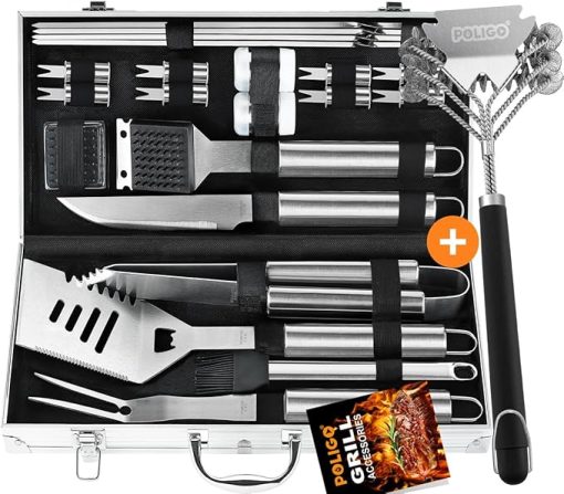 POLIGO 22PCS Camping BBQ Grill Accessories Set in Aluminum Case Bundle with Safe Grill Brush And Scraper Bristle Free for All Grills - Premium BBQ Set Ideal Christmas Birthday Gifts for Dad Men Women