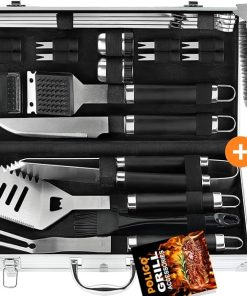 POLIGO 22PCS BBQ Grill Accessories Set in Aluminum Case Bundle with Safe Wire Grill Brush And Scraper for Barbecue Grills - Stainless Steel Barbecue Tools Ideal Christmas Birthday Gifts for Dad Men