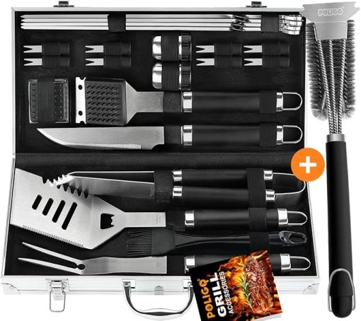 POLIGO 22PCS BBQ Grill Accessories Set in Aluminum Case Bundle with Safe Wire Grill Brush And Scraper for Barbecue Grills - Stainless Steel Barbecue Tools Ideal Christmas Birthday Gifts for Dad Men