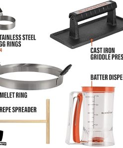 Plastic Batter Dispenser, Cast Iron Bacon Griddle Weight Press, 10 Inches Stainless Steel Omelet Egg Ring, Wood Wooden Crepe Spreader Spatula 2