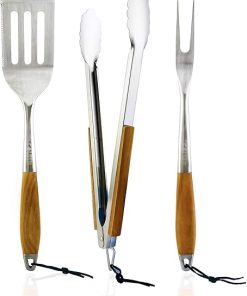COLSEN Heavy Duty 3-Piece BBQ Grilling Tool Set, Stainless Steel Tongs, Spatula, & Fork, Kitchen Utensils Set, Camping Accessories, Brown