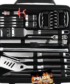 POLIGO 28PC Exclusive BBQ Grill Accessories in Carrying Bag for Birthday Fathers Day Grilling Gift - Premium Grill Utensils Set with Barbecue Claws, Meat Injector, Thermometer for Smoker, Camping BBQ