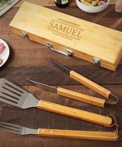 Personalized Bamboo Grill Accessories Set by HomeWetBar - Custom Barbecue Tools for Grilling
