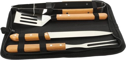 Camping Grill Utensils Set BBQ Tools Anti-Slip Handle Stainless Steel Wood Material for Outdoor Cooking