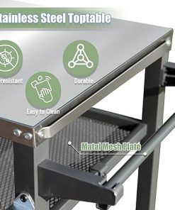 ESPIDOO 3-Shelf Metal Utility Cart: Industrial Black Grill Table with Wheels & Hooks for Outdoor BBQ, Pizza Oven & Food Prep – Rust-Proof Stainless Steel Top for Backyard Chefs 2