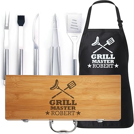 Custom-Engraved BBQ Tool Set and Apron for Dad for Grill Enthusiasts Custom-Engraved BBQ Tool Set and Apron for Dad for Grill Enthusiasts