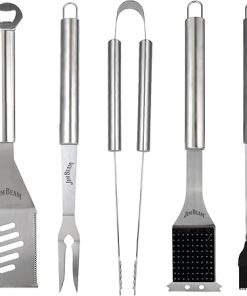Jim Beam® 5 Piece Stainless Steel BBQ Tool Set - 2-Prong Fork, 4-in-1 Spatula, Grilling Tongs, Basting Brush, Extra Long Handles