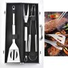 Barbecue Tools Set, 3 Pcs Stainless Steel Grill Utensils Set BBQ Accessories Kit Include Tong, Spatula, Fork with Portable Alumistorage Case for Picnics, Camping and Outdoor A 4