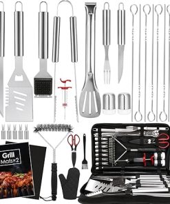 Yoehka BBQ Grilling Accessories Set, 34Pcs Heavy Duty Grill Tools for Outdoor Camping, Grilling Gifts for Men Dad, Stainless Steel Barbecue Utensils Kit with Mats and Glove in Carrying Bag, Silver