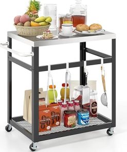 Giantex Outdoor Grill Cart with 29''W x 20''D Stainless Steel Top, Storage Shelf, Outdoor Cooking Food Prep Table with Wheels, Movable Pizza Oven Stand Serving Cart for Backyard BBQ Party Kitchen