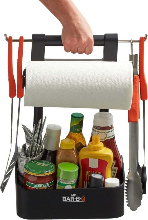 Mr. Bar-B-Q Adjustable Grilling Caddy with Extended Hook, Store All Grilling Accesories in One Place, BBQ Caddy for Outdoor BBQ, Picnic, Camping, Roller Towel Holder, Kitchen Storage Organizer Caddies