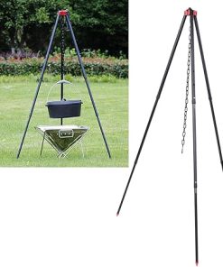 Camping Tripod Cooker, Portable Outdoor Cooking Tripod with Adjustable Hang Chain for BBQ Campfire Picnic Hanging Pot Grill Stand Aluminum Cookware Accessory