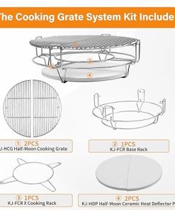 6 Piece Cooking Grate Replacement Kit for Kamado Joe Classic, Removable Grill Cooking System Expander Rack Parts, KJ-HCG Grate*2, KJ-HDP Half-Moon Ceramic Heat Deflector Plate*2, KJ-FCR KJ-FCR Rack 2