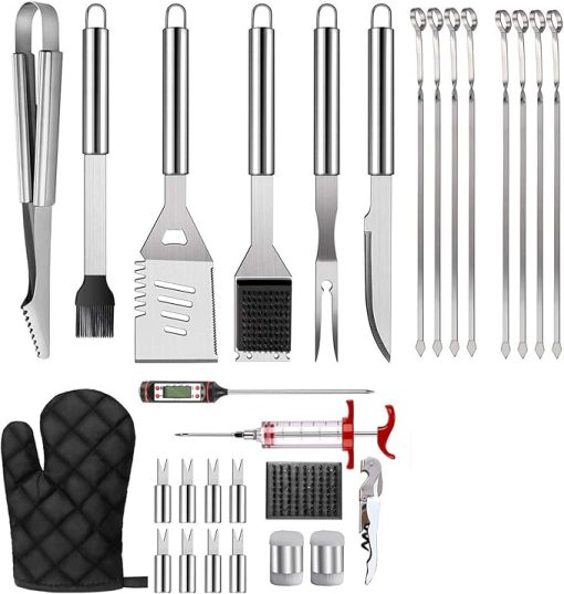 Multifunctional BBQ Tool Set, Heavy Duty Grilling Tools Gift Set, Stainless Steel BBQ Accessories Grill Tool Set with Thermometer and Meat Syringe, for Gourmets