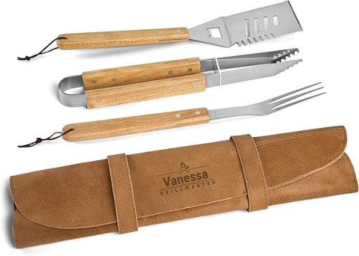 BBQ Tool Set in Buffalo Leather Cover with Name and/or Text - Personalized Leather Cover with Barbecue Tools, Engraved Cover with BBQ Set for Men and Women (Brown, Cognac) - Image 2