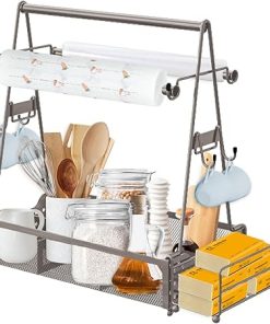 Qivine Grill Caddy for Outdoor Grill, BBQ Picnic Caddy for Plates and Utensils with Camping Paper Towel Holder, Silverware Camping Utensil Caddy for Party, Picnic Utensil Caddy (Dark Silver)