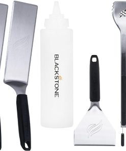 Blackstone 5464 Griddle Tool Kit Outdoor Indoor Grill BBQ Utensils Cooking Accessories-Heat Resistant– 2 Long Spatulas, 2 Angled Scraper Classic Tong, 1 (32oz) Squeeze Bottle, Black, Silver, White