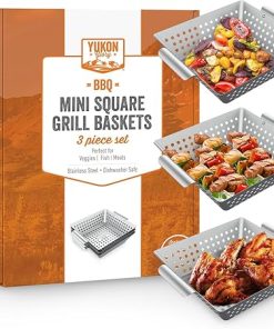 Yukon Glory™ Grilling Basket Set – 3-Piece 9x9x2 Stainless Steel Square Grill Baskets for Outdoor Grill – Perforated BBQ Grill Basket Perfect for Grilling Veggies, Seafood and Meats