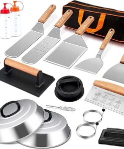 18Pcs Griddle Accessories Kit, Joyfair Stainless Steel Flat Top Grilling Spatula Accessory Tools Set with Basting Cover Burger Press, for Outdoor BBQ Teppanyaki Hibachi Cooking (Wooden Handles)