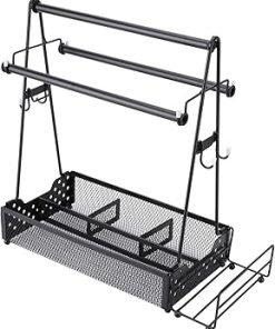 1 Set of BBQ Condiment Holder, Grill Caddy With 4 Compartments,Paper Towel and Detachable Napkin Holder for Camping Barbecue Grilling Cooking,38 x 17.5 x 39cm,Black