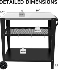 Outdoor Grill Cart with 3-Shelf，34″ L x 20″ W Stainless Steel Tabletop, Outdoor Garden Patio BBQ Kitchen Food Prep Table Cart,Hooks, Side Handle, Multifunctional (Silver) 2