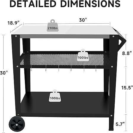 Outdoor Grill Cart with 3-Shelf,34″ L x 20″ W Stainless Steel Tabletop, Outdoor Garden Patio BBQ Kitchen Food Prep Table Cart,Hooks, Side Handle, Multifunctional (Silver) 2 Outdoor Grill Cart with 3-Shelf,34" L x 20" W Stainless Steel Tabletop, Outdoor Garden Patio BBQ Kitchen Food Prep Table Cart,Hooks, Side Handle, Multifunctional (Silver) - Image 2